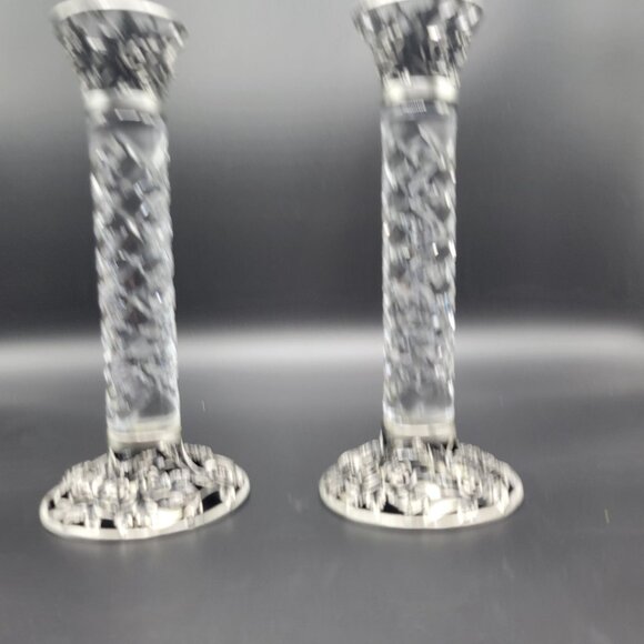 Crystal Clear Set of 2 Candlesticks Rose Design Candle Holders 8.5" - Picture 7 of 13